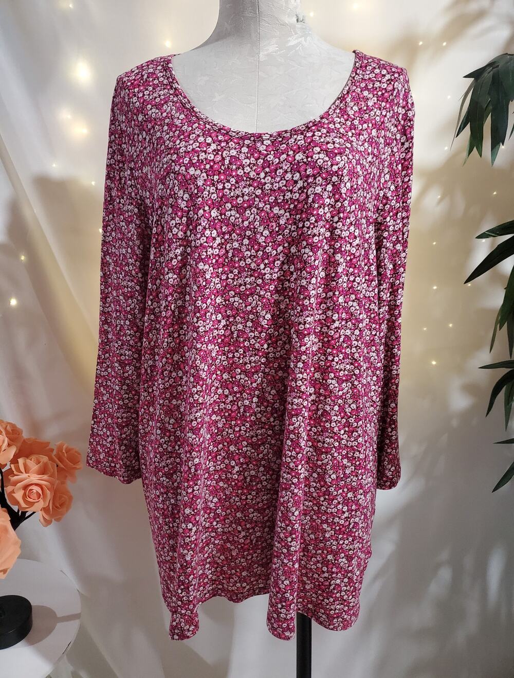 Lands End Ditsy Floral Scoop Neck 3/4 Sleeve Top Womens Size L Soft Stretch Pink